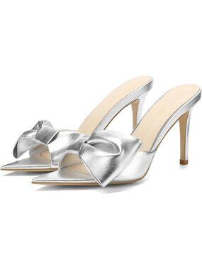 Women's Silver Pointed Open Toe Heels Bow High Kitten Heels Summer Slip On